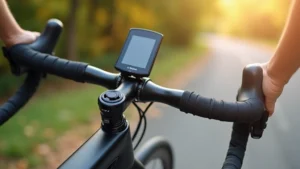 Professional cyclist on modern road bike with integrated GPS computer mounted on handlebars, bright daylight outdoor cycling scene, high-quality photorealistic image