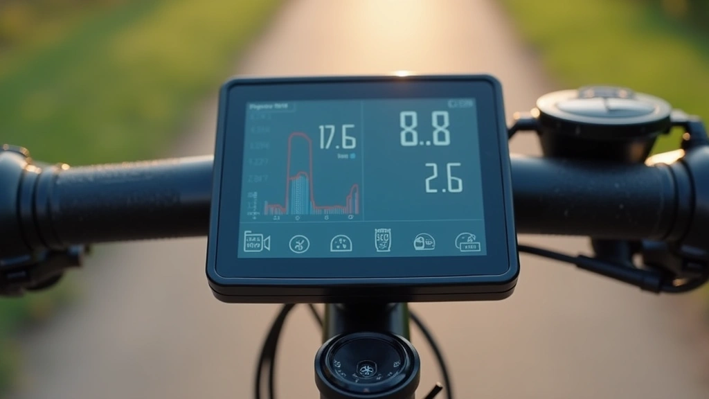 Close-up detail of advanced cycling computer screen displaying performance metrics with digital dashboard interface, mounted on bicycle handlebar during outdoor ride
