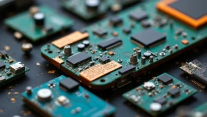 Close-up of colorful electronic waste components including circuit boards, copper wiring, and smartphone parts arranged on dark background, professional macro photography