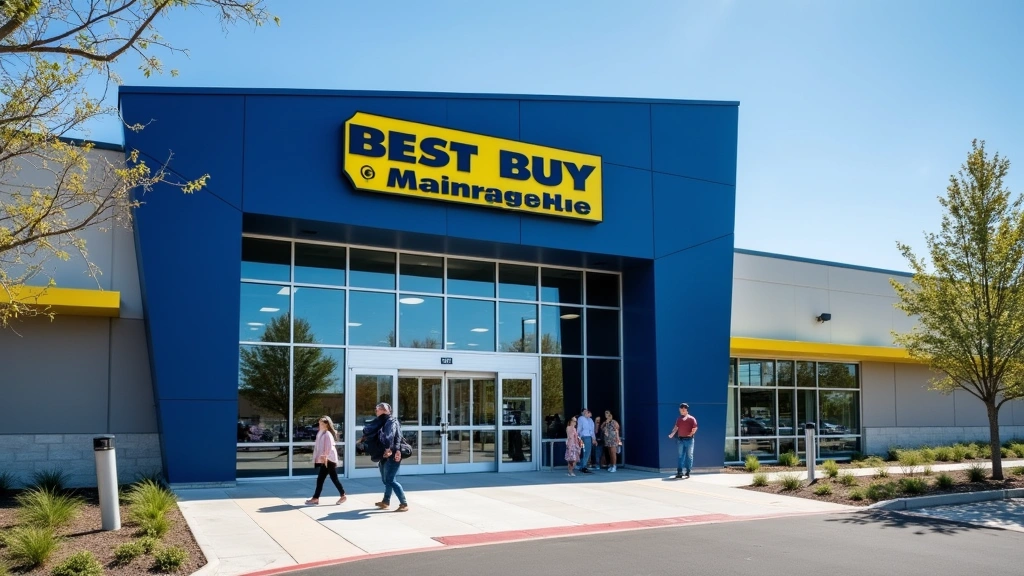 Modern Best Buy retail store exterior with glass entrance and signage, daytime photography showing customer accessibility and clean storefront