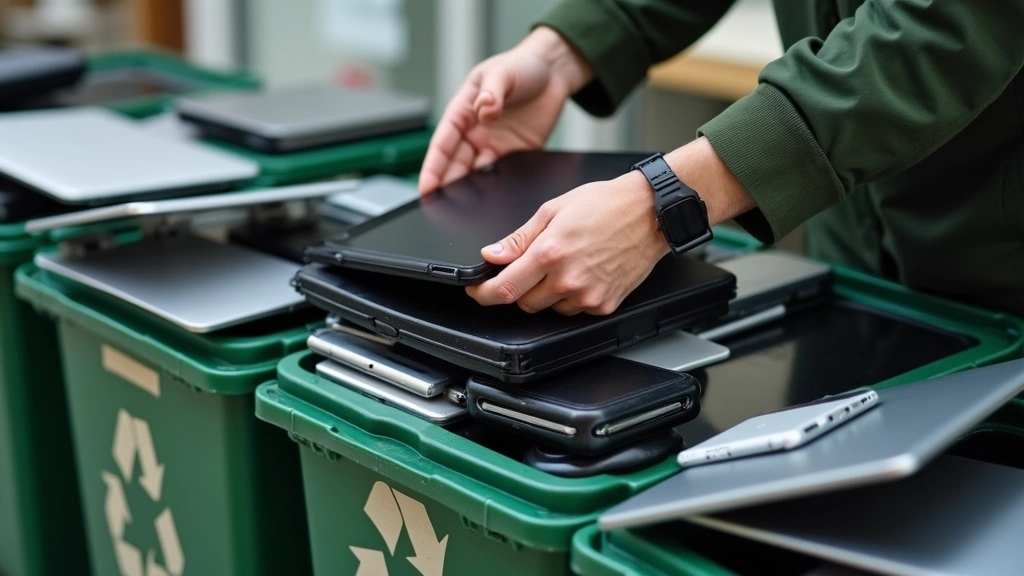 Hands carefully sorting various electronic devices including laptops, tablets, and smartphones into organized recycling bins, sustainable business practice demonstration