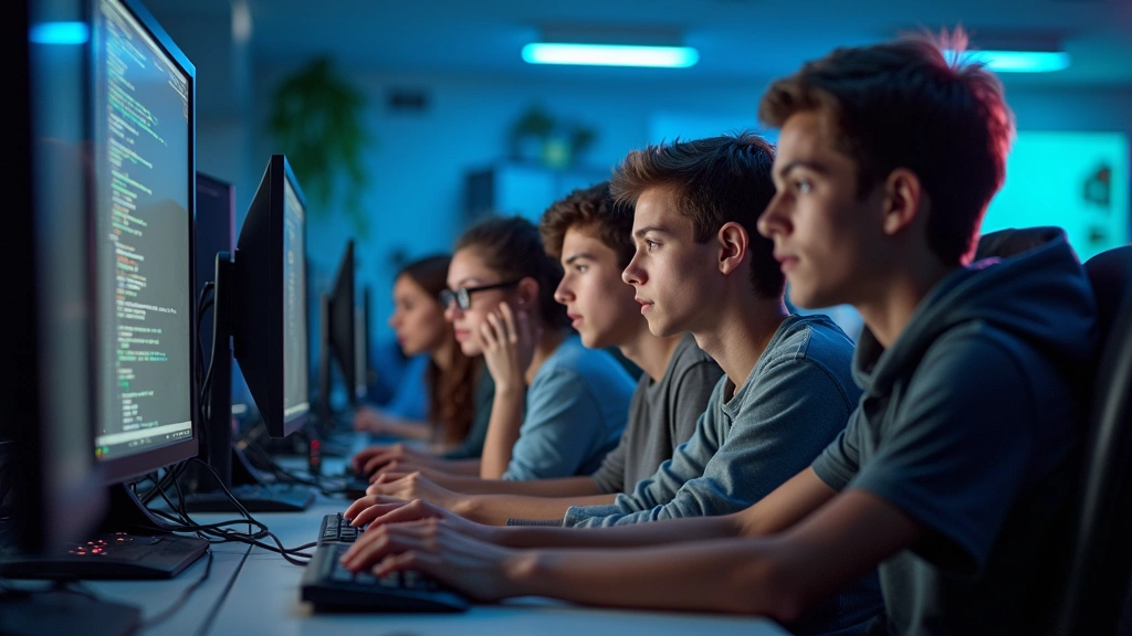 Teenage students collaborating at workstations with high-performance computers and coding environments, diverse group engaged in focused work