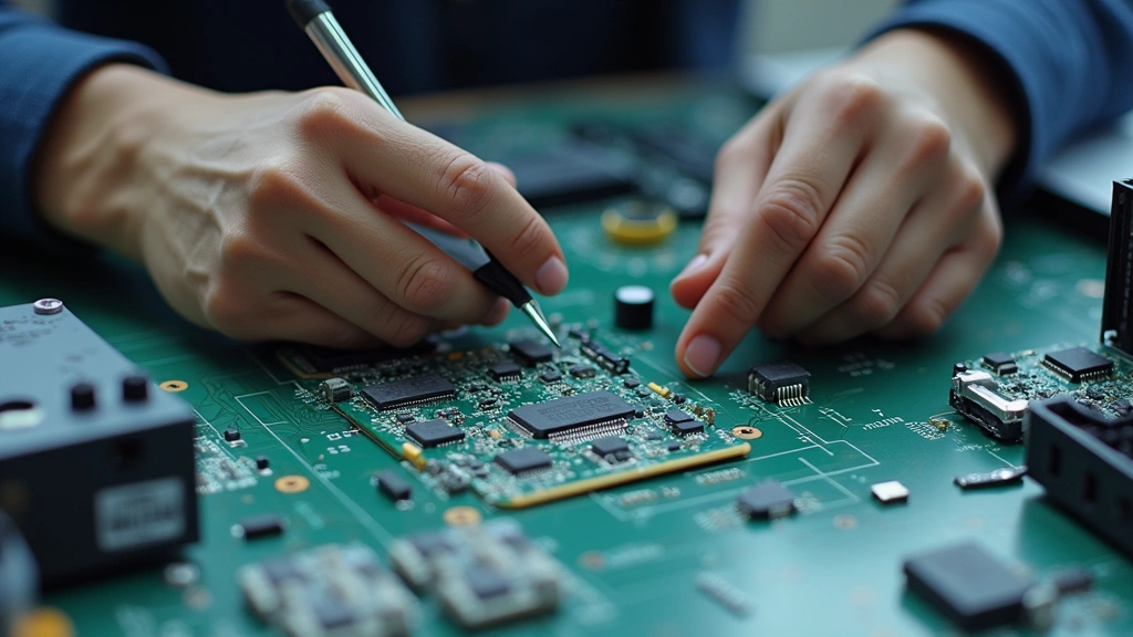 Close-up of hands assembling robotics components and circuit boards with soldering equipment and technical documentation visible