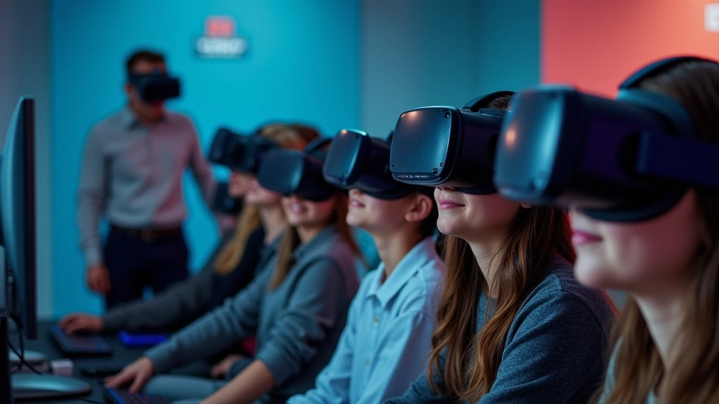 Group of teenagers wearing VR headsets in immersive learning environment, instructor observing and assisting nearby