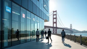 Modern glass office building with tech company logos, San Francisco skyline with Golden Gate Bridge visible in background, professional workers walking with laptops and phones, bright daylight, architectural photography style