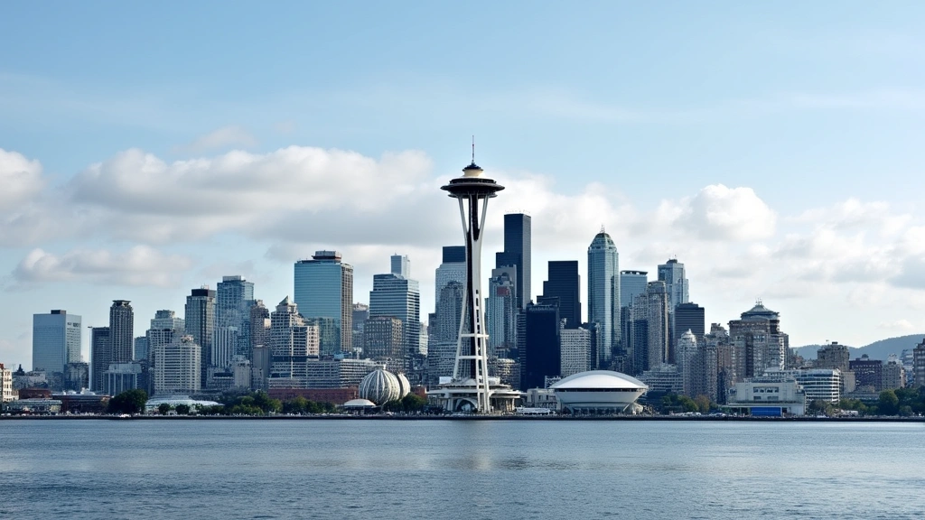 Seattle waterfront skyline with Amazon headquarters building, Puget Sound water view, modern tech campus architecture, cloud sky, professional urban landscape, high resolution