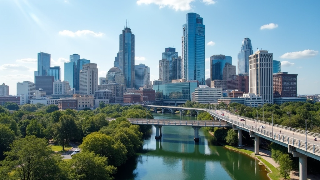 Austin downtown skyline with tech campus buildings, Congress Avenue bridge, vibrant urban tech district, modern architecture mixed with contemporary startup office spaces, sunny day, drone photography perspective