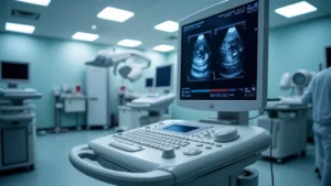 Modern ultrasound machine with phased array transducers and high-resolution display screen in clinical imaging lab, professional healthcare setting, bright fluorescent lighting, detailed equipment controls visible