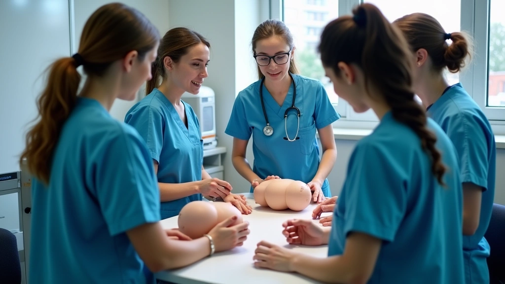 Group of ultrasound technician students in classroom examining anatomical models and ultrasound phantom equipment during hands-on training session, educational medical facility, professional medical imaging technology visible