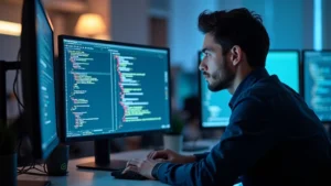 Professional computer science student working at desk with multiple monitors displaying code, studying algorithms and data structures in modern university computer lab