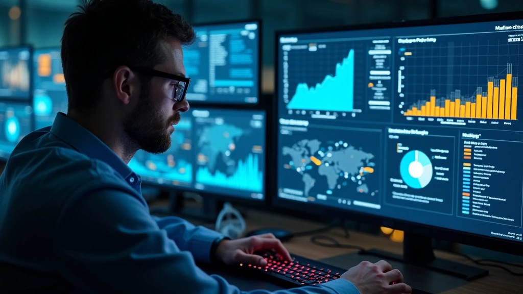 Cybersecurity specialist analyzing network traffic on dashboard screens with security protocols visualization, protecting organizational data in tech operations center