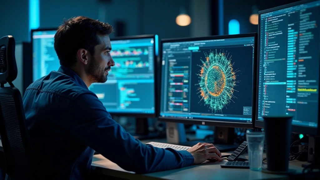 Machine learning engineer training neural networks on high-performance computing workstation with AI model visualizations and code editor, developing artificial intelligence applications