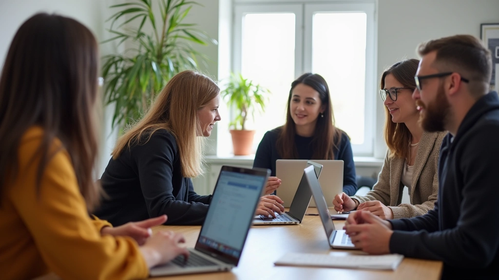 Professional development workshop with teachers collaborating around laptop computers, reviewing educational technology tools and course materials