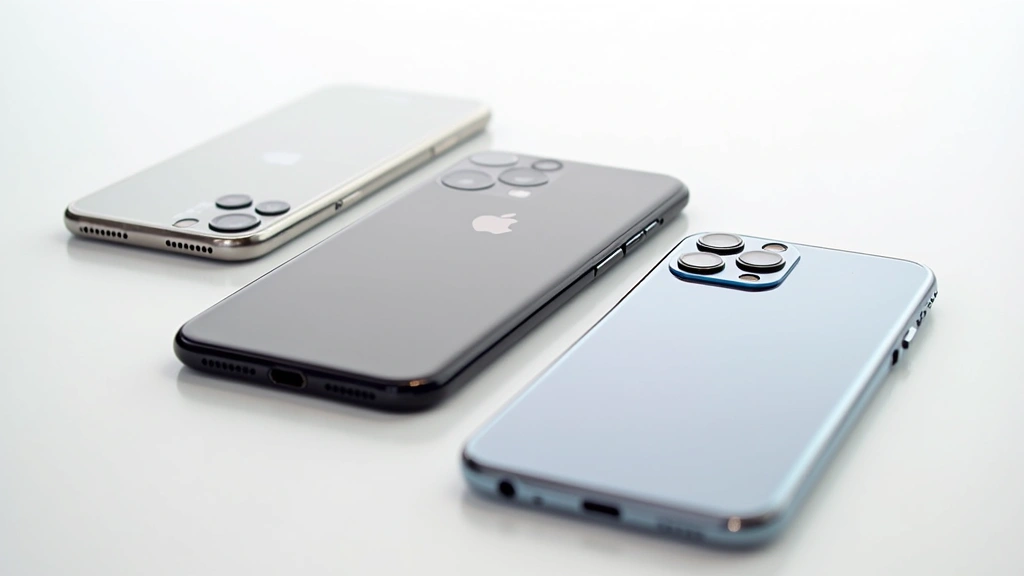 Flat lay arrangement of premium smartphones including iPhone and Samsung Galaxy models with their distinctive camera systems visible, professional lighting highlighting metallic finishes and glass surfaces, minimalist white background