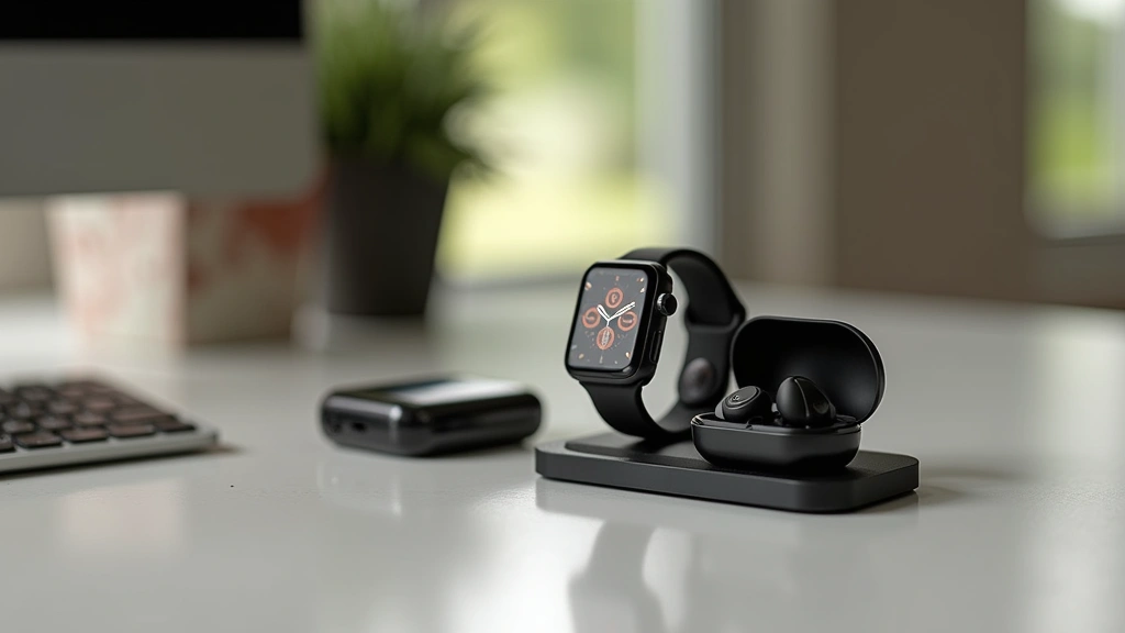 Smartwatch and wireless earbuds displayed together on modern desk setup with charging cases, showing sleek designs and premium materials, soft natural lighting emphasizing elegant aesthetics and compact form factors