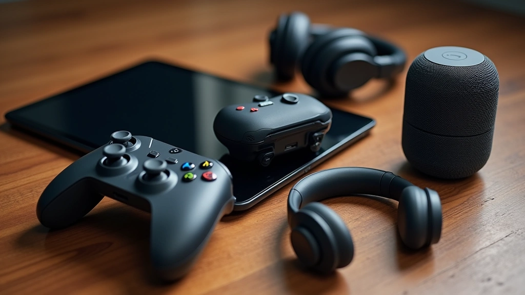 Array of tech gadgets including gaming controller, wireless headphones, portable speaker, and tablet arranged artistically on wooden surface with soft shadows, professional product photography style highlighting quality and craftsmanship