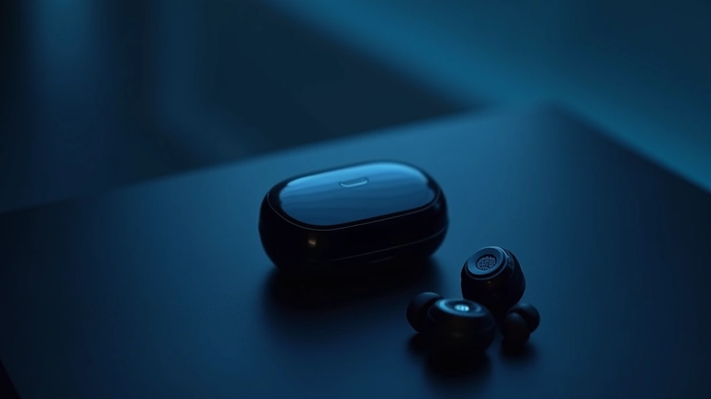 High-end wireless earbuds resting on a sleek black surface with ambient blue lighting, photorealistic detail showing premium materials and design