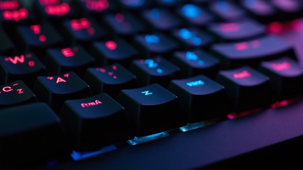 Mechanical keyboard with custom keycaps illuminated by RGB backlighting, shot from above with shallow depth of field emphasizing key details