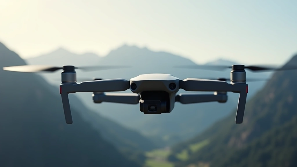 Compact drone hovering above a landscape with mountains in background, cinematic photography lighting showcasing the device's sleek design