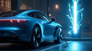 sleek electric vehicle charging at ultrafast DC charger station with blue lightning effects, modern minimalist design, photorealistic, side angle