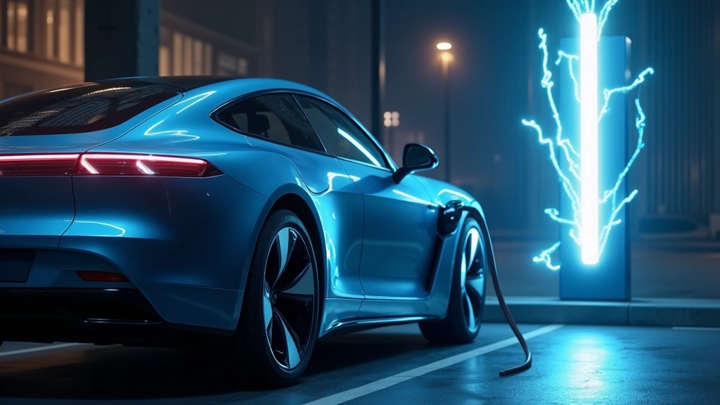 sleek electric vehicle charging at ultrafast DC charger station with blue lightning effects, modern minimalist design, photorealistic, side angle