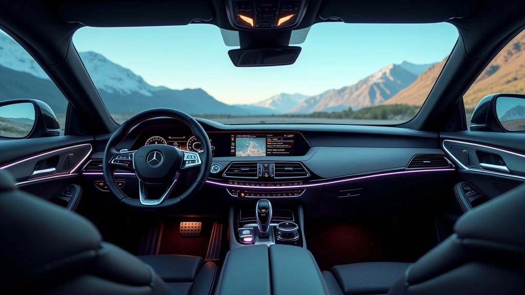 luxury car interior dashboard with touchscreen interface glowing, leather seats, panoramic glass roof showing sky, no text visible, photorealistic