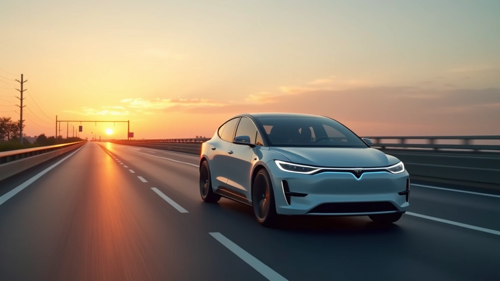 electric vehicle driving on highway at sunset, motion blur background, sleek profile view, modern road infrastructure, photorealistic