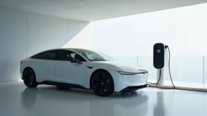 Modern silver electric sedan charging at futuristic minimalist charging station, sleek design, professional photography, daylight