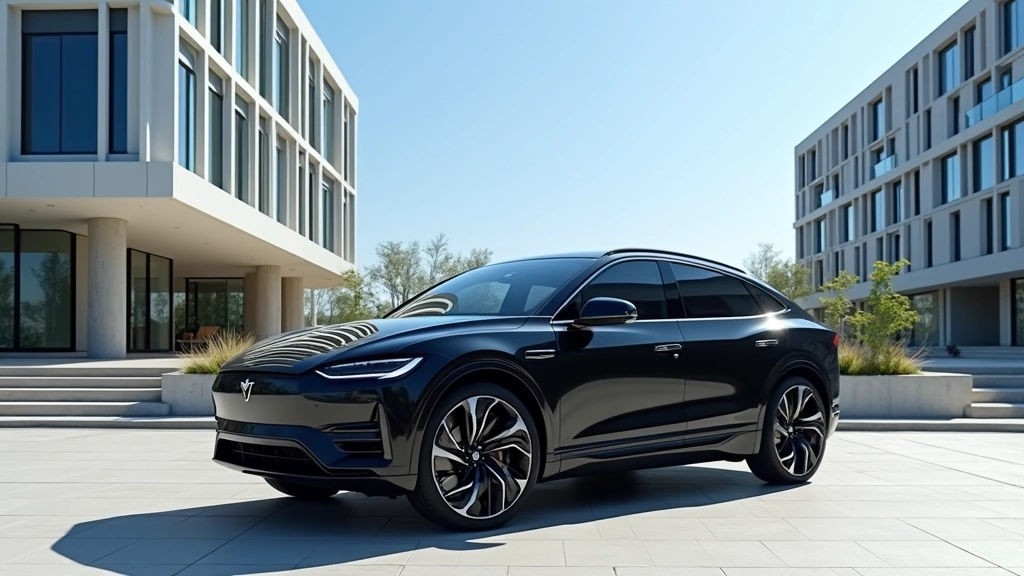 Three-row black electric SUV parked in contemporary urban setting with modern buildings, professional automotive photograph, clear blue sky