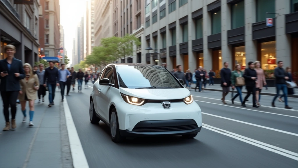 White compact electric vehicle in busy city street with pedestrians and modern architecture, professional automotive photography, natural daylight