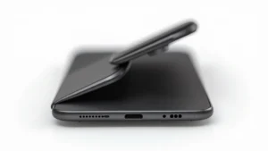 Sleek Galaxy Z Flip5 smartphone in midnight black, displayed both closed and partially unfolded, showing elegant hinge mechanism and matte finish texture, professional product photography with soft studio lighting, minimalist white background