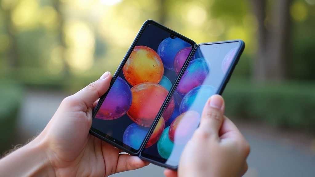 Galaxy Z Flip5 unfolded display showing vibrant AMOLED screen with colorful interface elements, held at comfortable viewing angle in natural daylight, demonstrating brightness and color accuracy with subtle reflection of surroundings