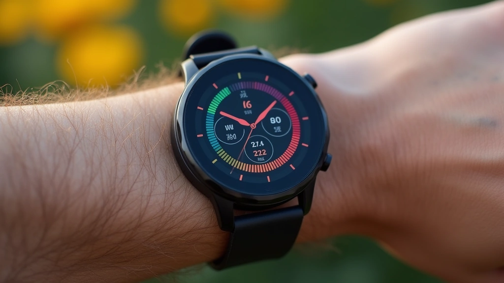 Close-up of modern smartwatch with vibrant AMOLED display showing fitness metrics and health data, wrist view, outdoor natural lighting, premium aluminum band, realistic product photography