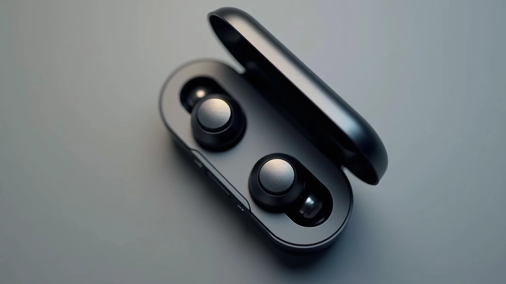 Professional overhead shot of premium wireless earbuds with charging case, sleek minimalist design, soft studio lighting, metallic and matte finishes, shallow depth of field focus on earbuds