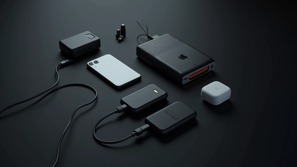 Flat lay composition of portable tech gadgets including power bank, portable projector, and smart home device arranged artistically on dark background with subtle shadows, product showcase style