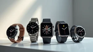 High-end smartwatch collection displaying multiple premium models including titanium cases, AMOLED screens, and elegant band designs arranged on modern minimalist surface with soft studio lighting