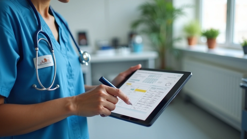 veterinary technician examining digital tablet with animal health records in modern clinic setting, professional workspace with medical equipment in background