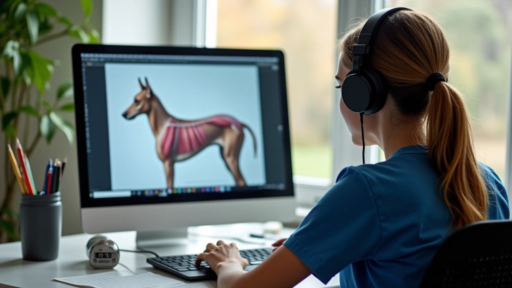 student wearing headphones at desk during online veterinary technology class, laptop screen showing interactive anatomy module, natural lighting from window