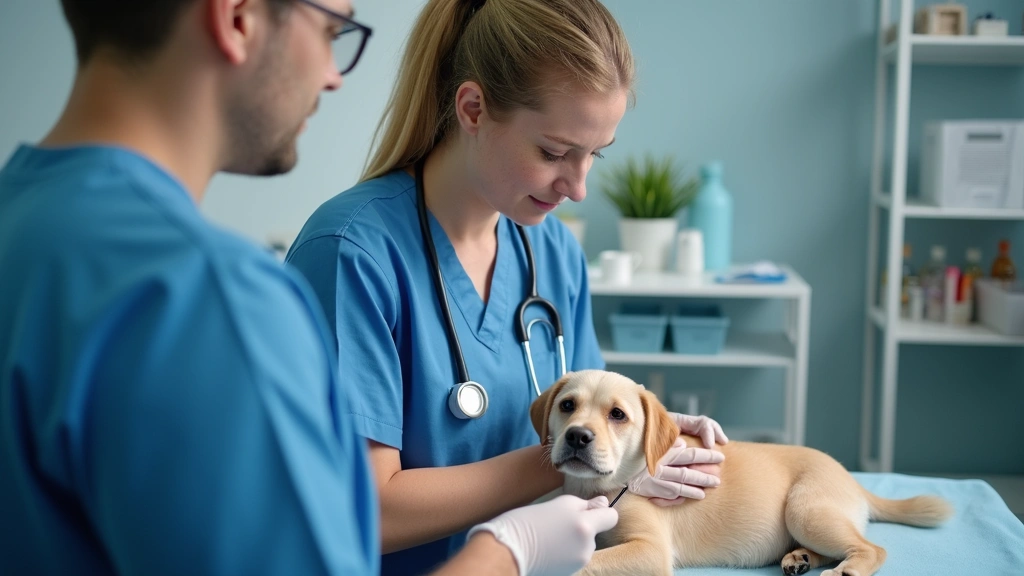licensed vet technician performing clinical procedure on small animal patient under supervision, hands-on practical training in professional veterinary facility