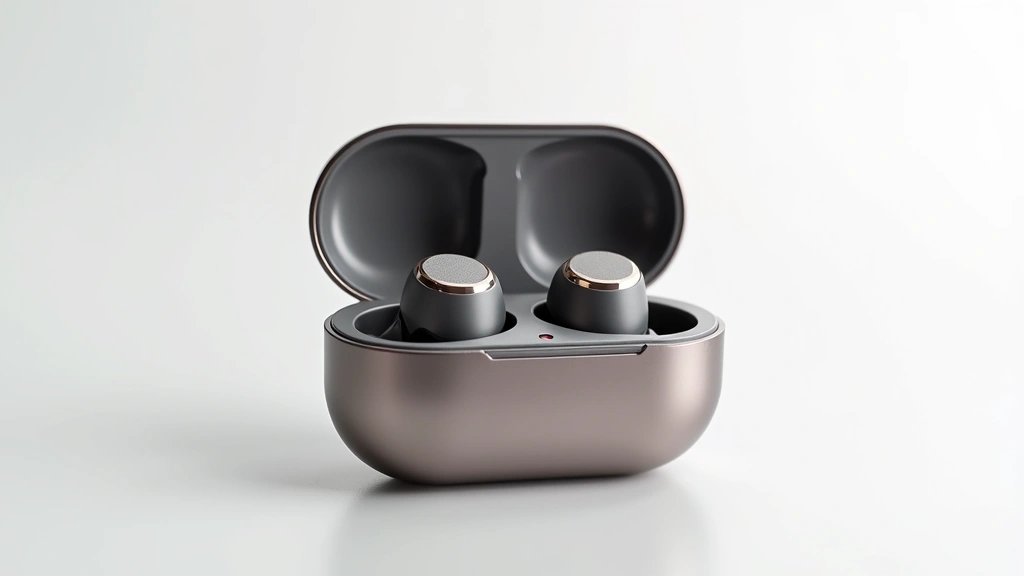 Premium wireless earbuds in charging case with sleek modern design, metallic finish, studio lighting, white background
