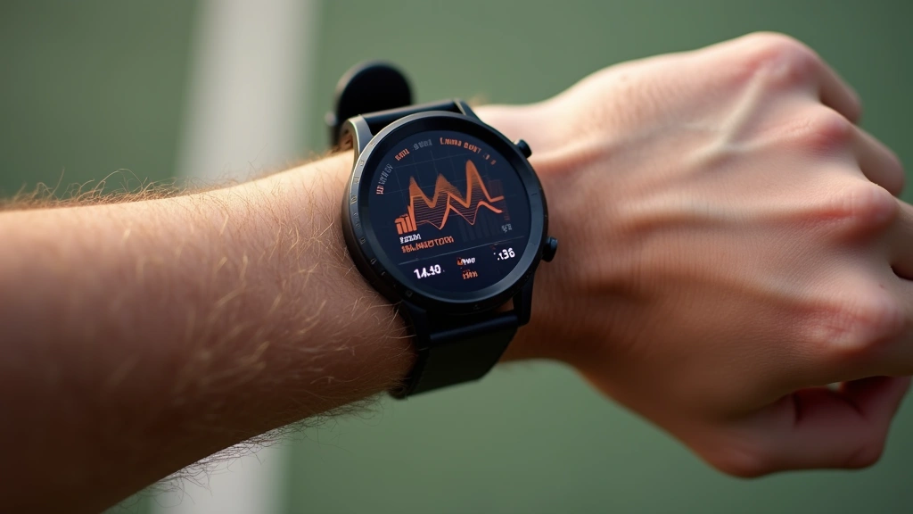 Advanced smartwatch displaying fitness metrics and health data, wrist view, athletic setting, natural daylight