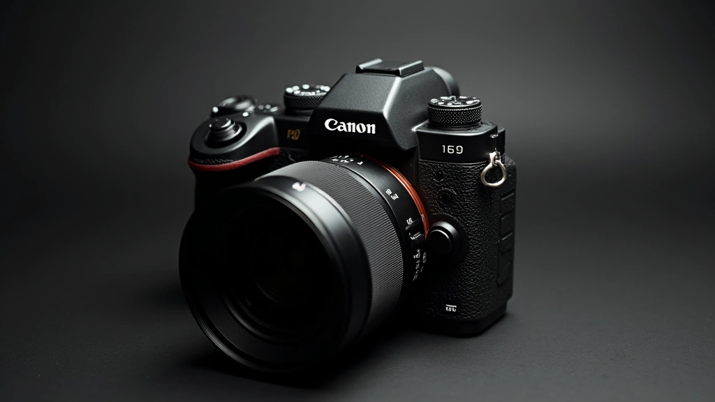 Professional mirrorless camera with premium lens attached, showcasing advanced optics and ergonomic design, studio photography setup