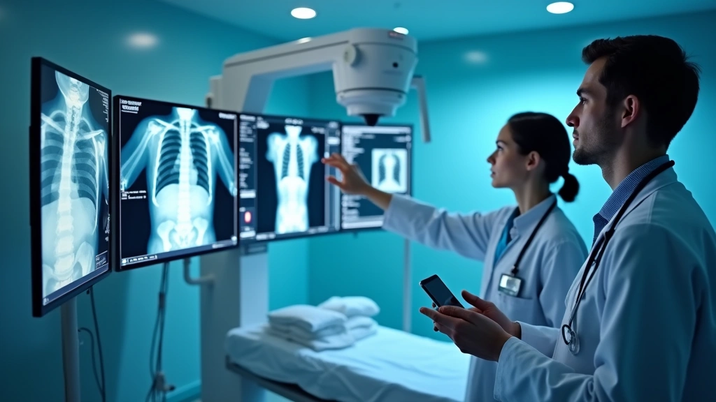 Radiologic technologist operating modern X-ray imaging system in clinical hospital setting, professional medical environment with advanced diagnostic equipment