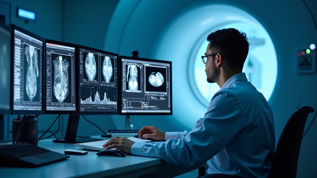 Close-up of CT scanner control room with technologist at workstation monitoring cross-sectional imaging studies on multiple high-resolution displays