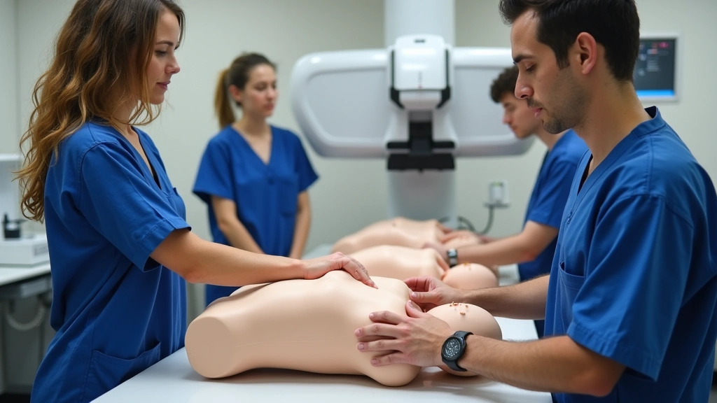 Radiology students practicing positioning techniques on phantom torso models in laboratory training environment with various radiographic equipment visible