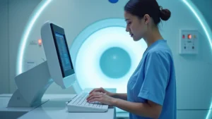 Professional radiologic technologist operating modern CT scanner in clinical hospital setting, hands on equipment controls, focused expression, bright medical facility lighting