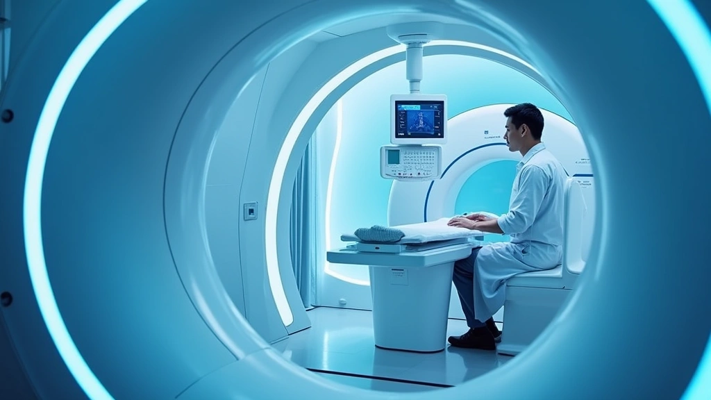 Advanced MRI machine interior with technician adjusting imaging parameters at control panel, modern hospital imaging room with blue/white color scheme