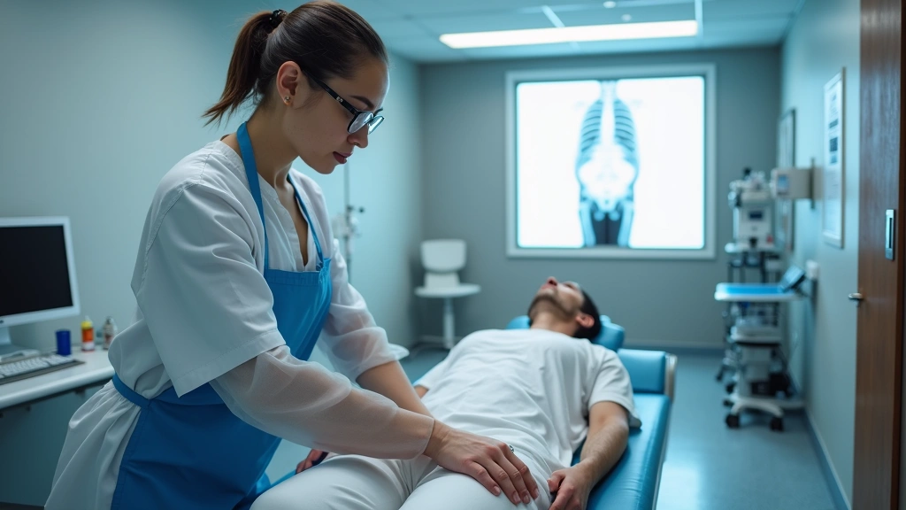 Radiologic technologist positioning patient on X-ray table with protective lead apron, demonstrating proper technique in equipped medical imaging laboratory