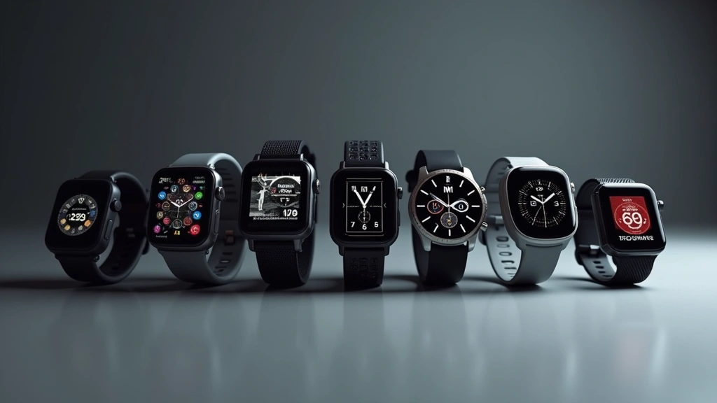 Professional smartwatch lineup display featuring multiple models from Apple, Samsung, Garmin, and Fitbit arranged on sleek surfaces with diffused studio lighting highlighting screen quality and design details