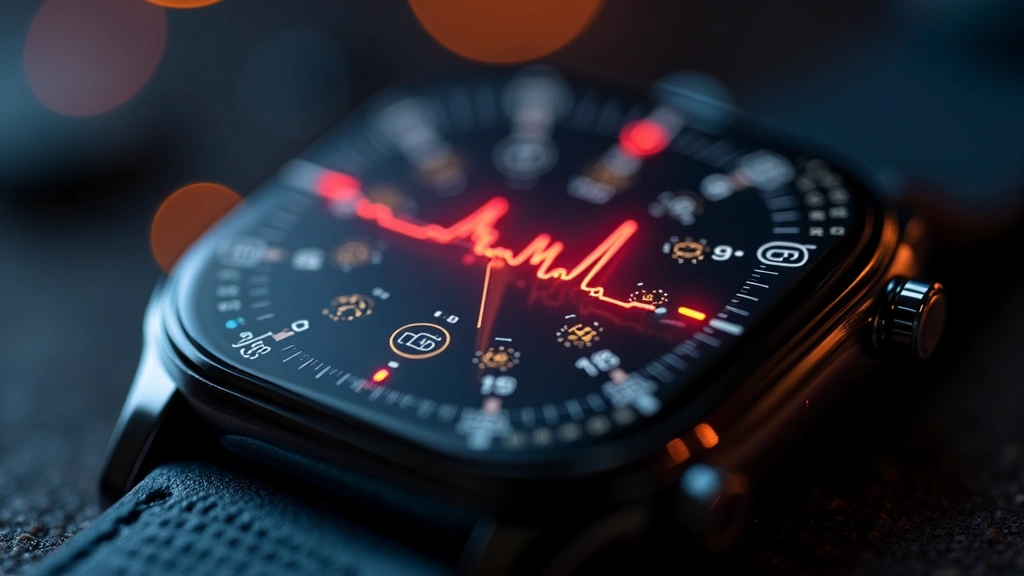 Close-up detailed view of smartwatch health sensors and optical components showing heart rate monitor, blood oxygen sensor technology with soft backlighting emphasizing precision engineering